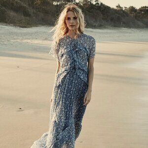 DÔEN Antoinette Floral Silk Maxi Dress, Blue Tea - Size M